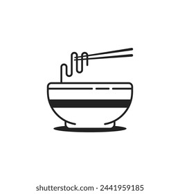 black thin line bowl with ramen and noodle. concept of korean or thai fast food and yummy hot meal pictogram. outline graphic modern design abstract noodle linear logotype element isolated on white