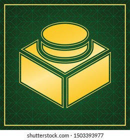 Black thin line building toy sign. Golden icon with gold contour at dark green gridded white background. Illustration.
