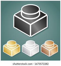 Black thin line building toy sign. Set of metallic Icons with gray, gold, silver and bronze gradient with white contour and shadow at viridan background. Illustration.