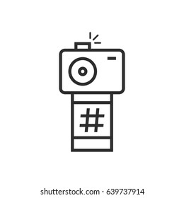 black thin line camera with photo frame. concept of pr like content in photographic social network or ad. linear flat style trend modern logotype graphic art design isolated on white background