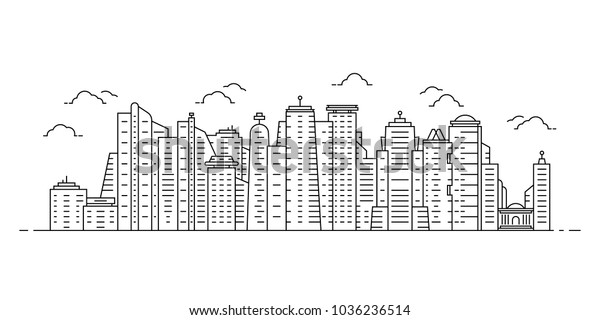高層ビルを持つ黒い細い街並み 白い背景に線形の平ストローク単純スタイルのモダンな輪郭グラフィックの最小線画 デザイン シンガポールやニューヨークのような都市の風景のコンセプト のベクター画像素材 ロイヤリティフリー