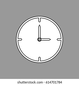 Black thin line clock icon on grey background (3 o'clock) - vector illustration
