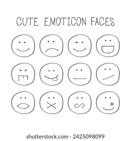 Black thin line cute creative different emoticon faces icons set poster design element on white background