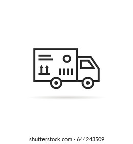 black thin line delivery van with package box. linear flat style trend modern logotype graphic art design on white background. concept of shipping by semi truck for client or product transportation