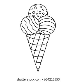 Black thin line doodle ice cream with three balls in the waffle cup. Vector illustration.