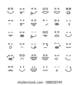 black thin line emoji faces. concept of cute avatar, yummy, depression, tasty, sticker, lol, laugh, facial sad, sense. flat style trend modern logotype design vector illustration on white background