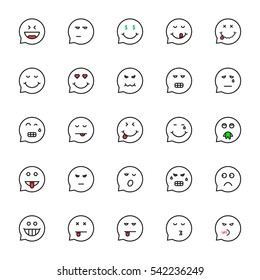 black thin line emoji speech bubble set. concept of lol, cry, foodie, notice collection, pleasent, anger profile print, sad, delicious. flat style trend modern logo graphic design on white background