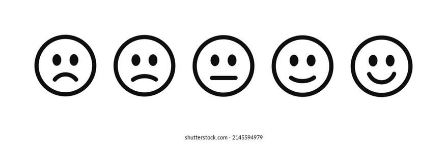 Black thin line emoticons for rating survey icons isolated on white background. Set of emotion smiles. Satisfaction scale. Vector stock illustration. 