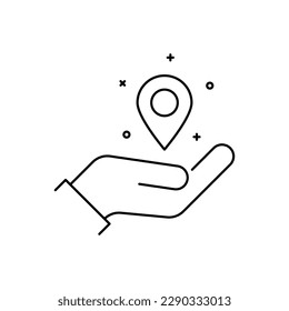 black thin line geolocation pointer in hand. stroke trend modern simple distance logotype web element graphic design isolated on white. concept of global navigation badge or route sign or guide symbol