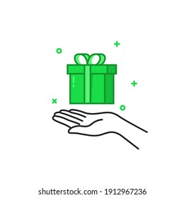 black thin line hand holding green gift box. flat cartoon outline modern logotype graphic simple greeting card design isolated on white. concept of happy new year joy or valentine day romantic present