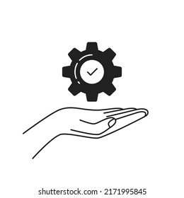 black thin line hand holding gearwheel like efficient. concept of easy contractor job or technical production. linear web graphic design minimal kpi logotype stroke art element isolated on white