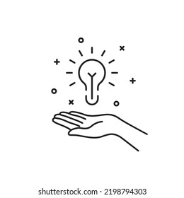 black thin line hand holding bright light bulb for hint. concept of startup symbol or think outside the box. linear modern simple lineart knowledge logotype stroke art design element isolated on white