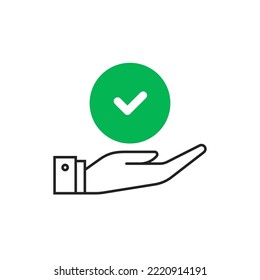 black thin line hand holding green circle with tick. simple linear survey or review logotype graphic stroke web design isolated on white. concept of marketing agreement or consumer confirm pictogram