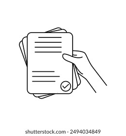 black thin line hand holding invoice. concept of pile of check list like paperwork and paycheck or retail reciept. flat simple trend modern graphic lineart