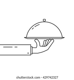 black thin line hand holding dish. concept of fresh breakfast, cloche with cover, hotel gastronomy, man in suit. flat style trend modern logo outline design vector illustration on white background