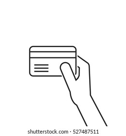 black thin line hand holding credit card. concept of corporate paying, commercial banking debt, swiping, wealth, trade, identification. flat style trend modern logo graphic design on white background