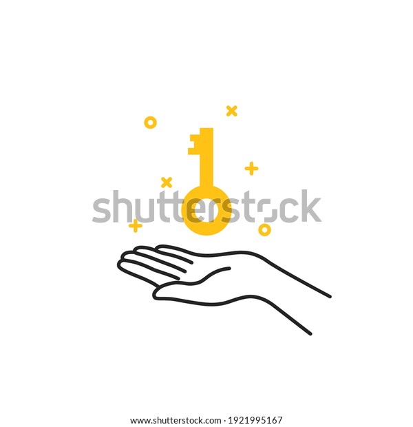 black thin line hand holding golden key icon.\
simple outline flat style trend modern logo graphic art design\
isolated on white. concept of motivation or achievement and\
mortgage or protection