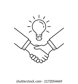 apretón de manos de línea delgada negra con bulbo como buena idea. tendencia de contorno simple derrame moderno elemento de diseño web de logotipo de empresa aislado en blanco. concepto de ayuda financiera o de inversión de riesgo