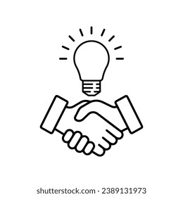 black thin line handshake with bulb like good idea. simple outline trend modern stroke enterprise logotype graphic web design element isolated on white. concept of financial help or venture invest