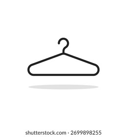 schwarze dünne Linie Hänger Symbol mit Schatten. einfache Umrisslinie modernen Ankleideraum logotype Grafik-Design-Element einzeln auf weiß. Konzept des Bekleidungsgeschäftes mit Rack oder E-Commerce Bekleidungsgeschäft