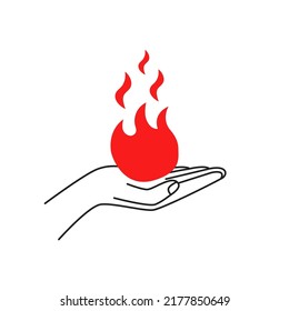 black thin line human hand holding red fire. simple outline logotype graphic pictogram design web element isolated on white background. concept of arm with fireball or bright light badge