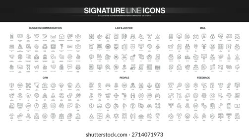 Black thin line icon set with law and justice, business communication, mail, CRM, people, and feedback themes, designed for professional corporate branding, presentations, and UI vector illustration