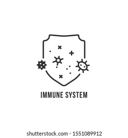 logotipo do sistema imunológico de linha fina preta. bacteriófago moderno de tendência mínima plana ou logotipo de bactérias arte gráfica isolada no fundo branco. elemento de design para medicamentos antibacterianos ou prevenção