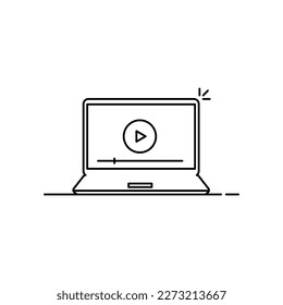 black thin line laptop like watching webinar. flat outline style trend modern e-learning logotype graphic design isolated on white background. concept of viral resources or video call or remote help