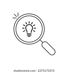 black thin line magnifying glass with bulb inside. flat linear simple trend modern visionery logotype stroke design isolated on white. concept of suggest simplicity or survey and studying process