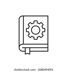 black thin line manual with gear icon. flat linear style trend modern logotype graphic design isolated on white background. concept of tech instruction or rulebook and badge of technical support