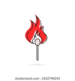 black thin line matchstick icon with flame. flat outline style graphic design abstract logotype element isolated on white background. concept of small match stick for fast burning or easy ignition