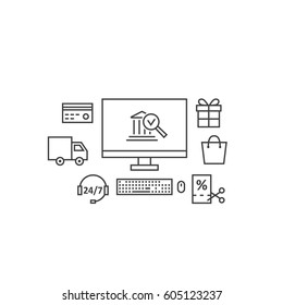 black thin line payment gateway banner. concept of online atm, global web wire, check quality sign in glass, accounting, purchase processing. flat linear style logo graphic design on white background