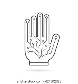 black thin line pcb virtual glove. concept of fiction, ar, vr layout, data ui, smart palm, geek arm, equipment. flat style trend modern logotype graphic design vector illustration on white background