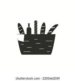 black thin line picnic basket icon with food, vector, illustration.