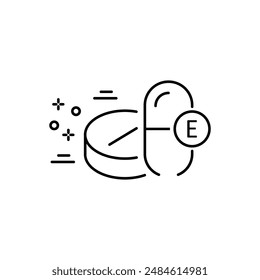 black thin line pill icon with vitamin e. linear style trend modern graphic simple tocotrienol logotype design element isolated on white. concept of easy