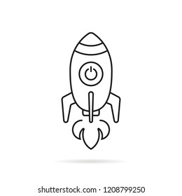 black thin line rocketship launch. stroke flat style trend modern lineart sputnik logotype graphic art design isolated on white background. concept of travel to universe by missile and innovation
