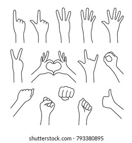 black thin line set of hands gesture. flat stroke cartoon modern simple linear grip logo graphic art design isolated on white. concept of female okey or rock gesturing or four, five or three showing