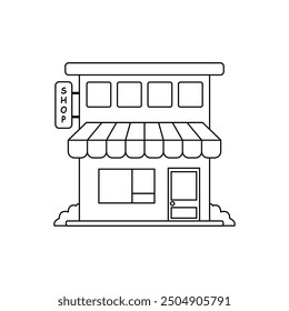 black thin line shop building icon. concept of marketing, shopfront, awning, town construction silhouette, exterior, merchandise. flat style trend