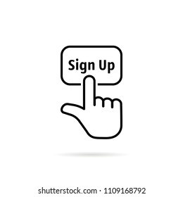 black thin line sign up with hand. concept of signup on homepage or personal page and subscribe membership. flat lineart style trend modern logotype graphic art design isolated on white background