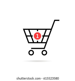 black thin line simple shopping cart with one purchase. flat style modern logo graphic art design on white background. concept of buy product in online supermarket and ecommerce symbol for website