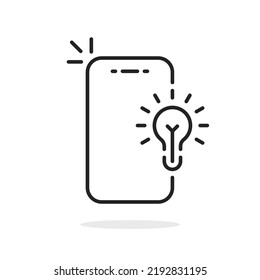 Black Thin Line Smart Phone With Light Bulb Icon. Flat Lineart Simple Logotype Stroke Art Design Web Element Isolated On White. Concept Of Search Tech Solution Or Online Quizz Badge Or Examination