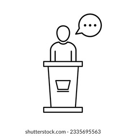 podio del altavoz de línea delgada negra. concepto de premio, informe, puesto de información, profesor, escenario, presidente, conferencia, motivación. tendencia de estilo lineal diseño de logotipo moderno ilustración vectorial de fondo blanco
