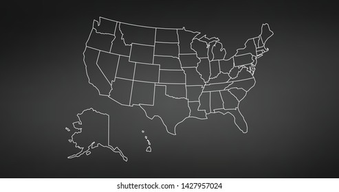 black thin line usa map contour. education infographic element. stroke flat style design. Vector illustration isolated on black background