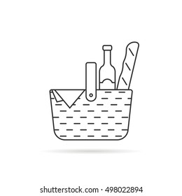 black thin line wicker basket for picnic. concept of french culture resting, leisure, retro pad, rural party, vintage pottle, relax. flat style trend modern logotype graphic design on white background