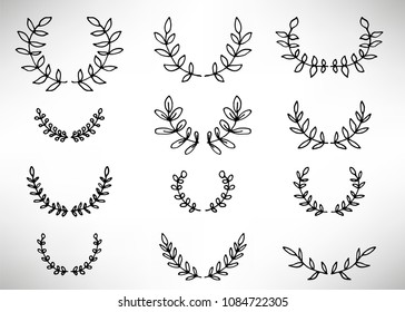 Black thin line wreath of hand drawn branches and leaves isolated on white background. Floral round frame. Laurel. Vector illustration.