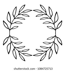 Black thin line wreath of hand drawn branches and leaves isolated on white background. Floral round frame. Laurel. Vector illustration.
