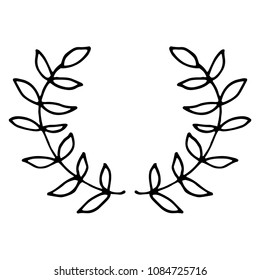 Black thin line wreath of hand drawn branches and leaves isolated on white background. Floral round frame. Laurel. Vector illustration.