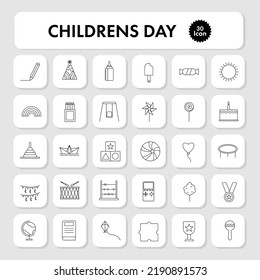 Black Thin Linear Of 30 Children Day Square Icon Set.