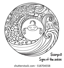 Black thin lines abstract. Signs of the zodiac. Horoscope hand drawing. Coloring page book for kids and adults. Scorpio symbol. Vector isolated template. Winter round frame. Astrology.