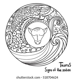 Black thin lines abstract. Signs of the zodiac. Horoscope hand drawing. Taurus symbol. Coloring page book for kids and adults. Vector isolated template. Winter round frame. Astrology.